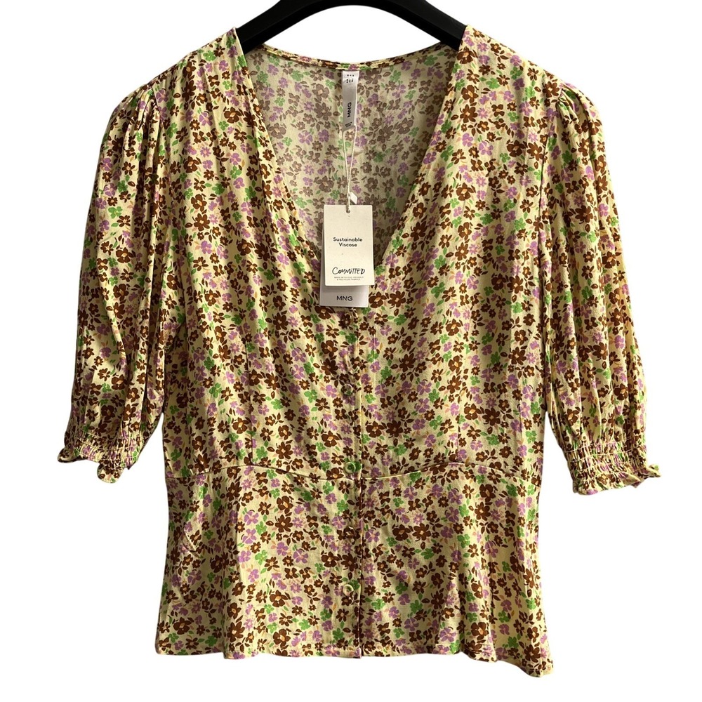 Ming Y2K Top Womens M Tan Floral Button Up Puff Sleeve Romantic Dainty‎ Prairie